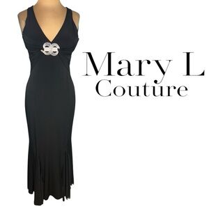 Mary L. Couture Black Jersey Halter Open Back Long Gown Rhinestone Brooch 10